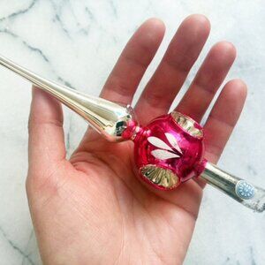 Vintage Germany Indent Red Silver 7" Glass Christmas Tree Topper Feather X-Small